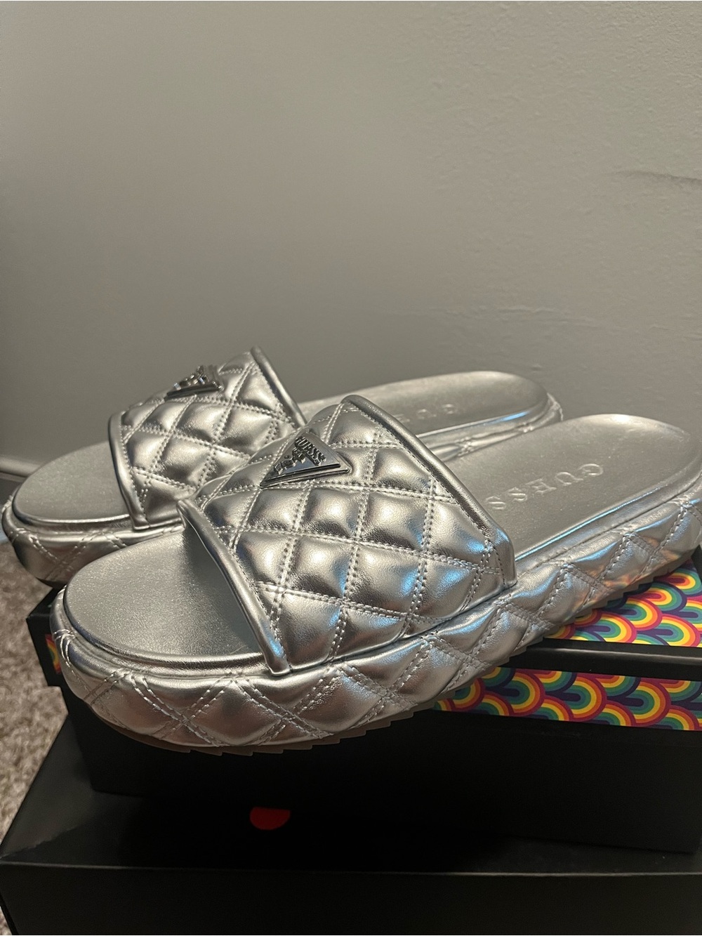 Guess, Quilted Silver Slide Sandals - Women